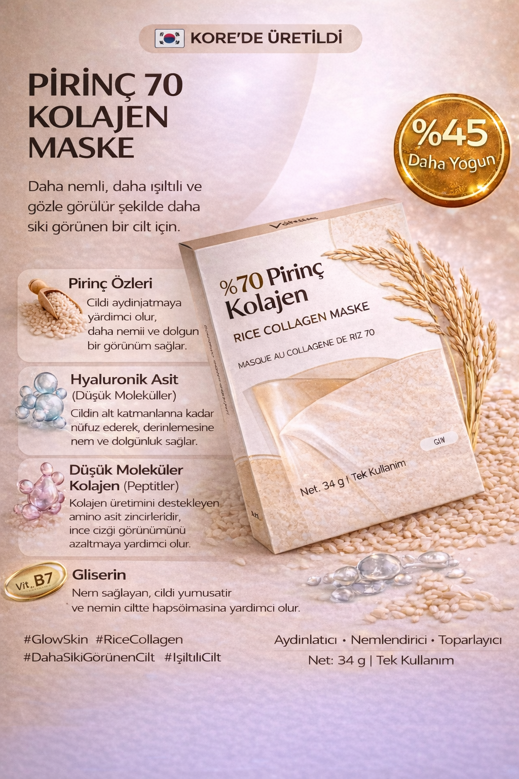 Pirinç Özlü Işıltı Veren Kolajen Maske