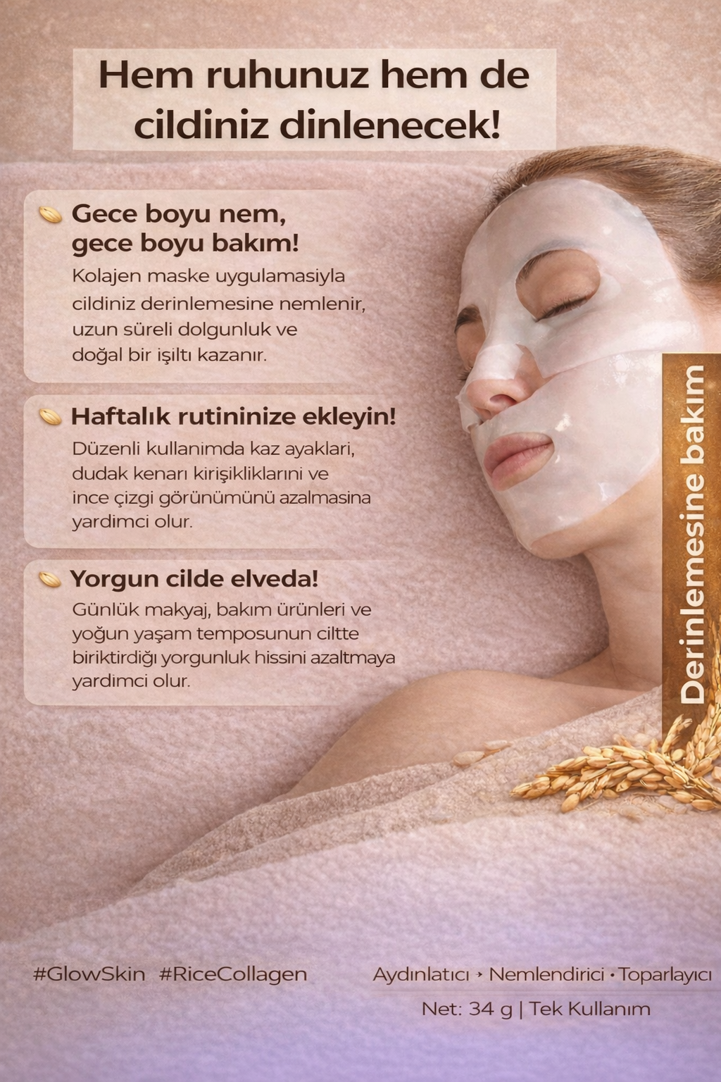 Pirinç Özlü Işıltı Veren Kolajen Maske